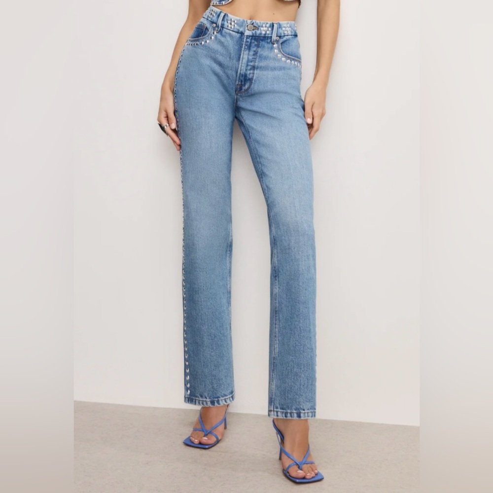🌟RARE🌟Good American GOOD ICON STUDDED STRAIGHT JEANS | INDIGO895 | 6 | NWT - Picture 5 of 11